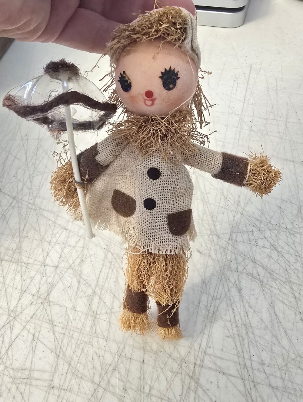 Vintage Handmade Scarecrow Straw Ornament with Umbrella 6.5" Tall